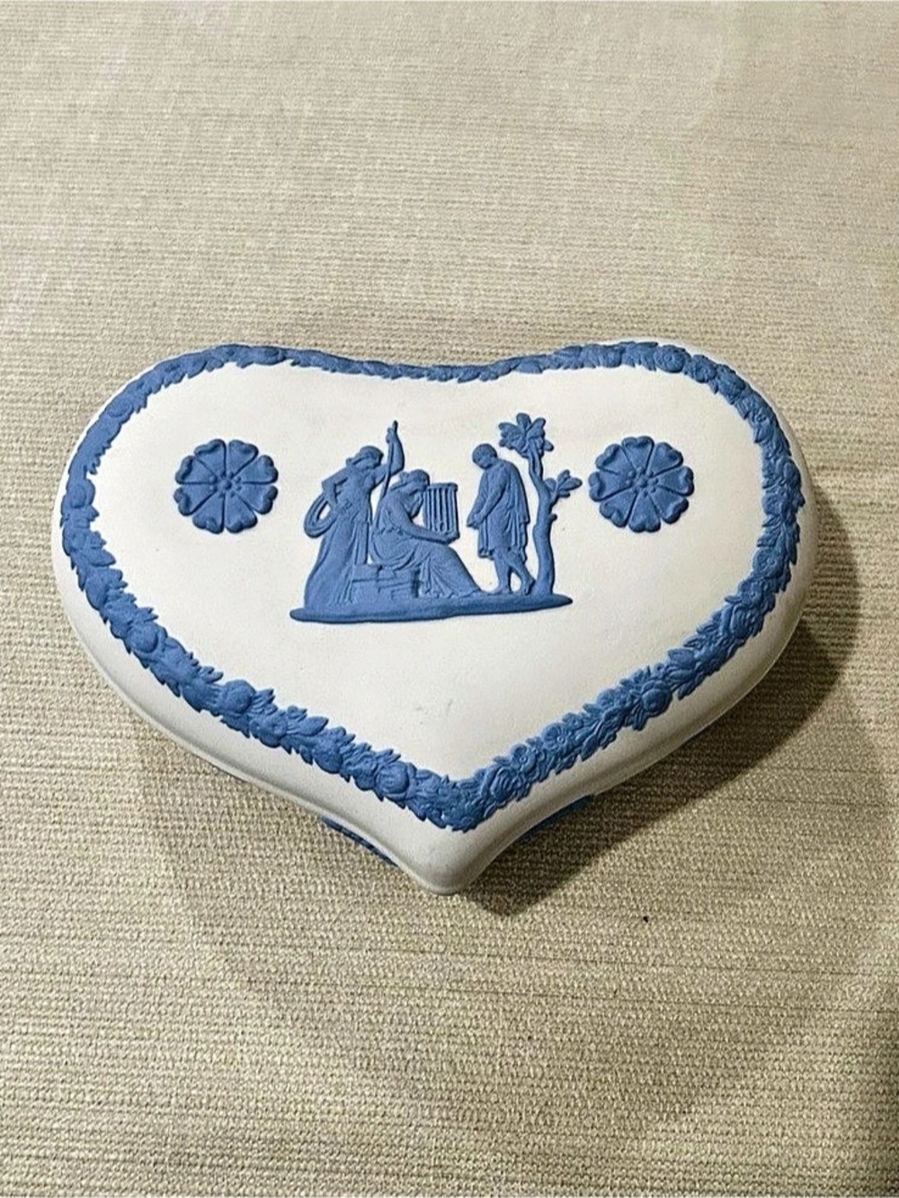 Vintage Wedgwood Jasperware Heart Trinket Box Blue on White - Made in England